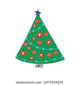 illustration, vector green Christmas tree, Christmas card with hearts, ornaments and star