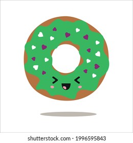 Illustration with vector green donut on isolated background. Sweet pastries with smile and joy emotion. Cute donut, kawaii style cupcake. Funny food in the form of a sticker.