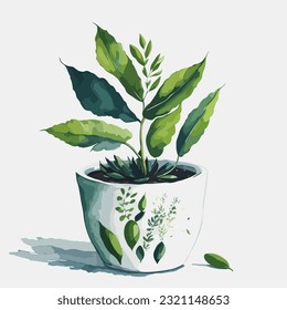 Vector de ilustración de planta verde en maceta de cerámica blanca