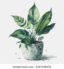 Illustration Vector of Green Plant on White Ceramic Pot