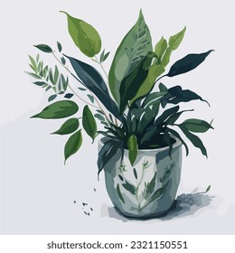 Illustration Vector of Green Plant on White Ceramic Pot