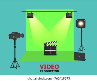 Illustration vector of green screen studio and light as video production concept