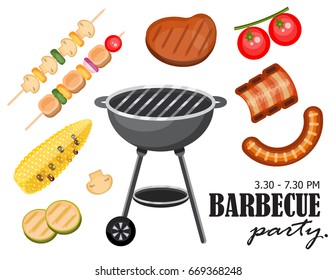 Illustration vector greeting card of grilled food for barbecue party. Isolated chicken, corn, sliced eggplant, green and yellow pepper, mushroom, ribs,sausage, pork on white background as party theme.