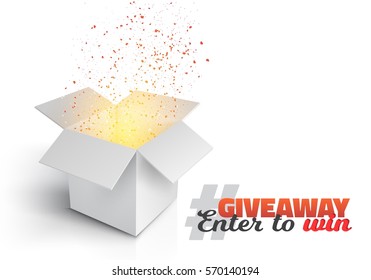 Illustration Of Vector Grey Box With Magic Light Coming From Inside. Giveaway Competition Template. Open Box With Confetti Enter To Win Prize Concept