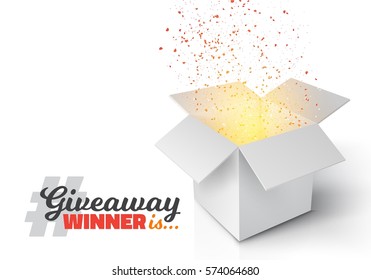 Illustration of Vector Grey Box with Magic Light Coming from Inside. Giveaway Competition Template. Open Box with Confetti Enter to Win Prize Concept