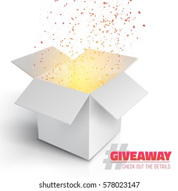 Illustration of Vector Grey Box with Magic Light Coming from Inside. Giveaway Competition Template. Open Box with Confetti Enter to Win Prize Concept