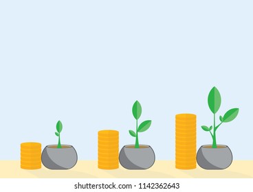 Illustration vector of growing plants and coins with copy space. Growth or finance concept.
