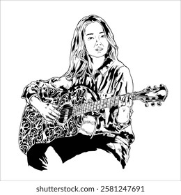  illustration vector guitar player 02. Beautiful woman playing acoustic guitar