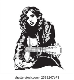 illustration vector guitar player 04. Beautiful woman playing acoustic guitar