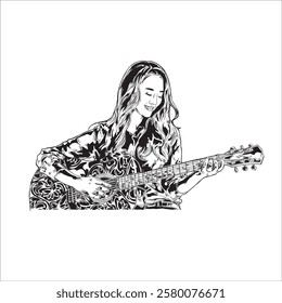  illustration vector guitar player 05. Beautiful woman playing acoustic guitar