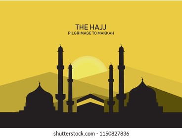 Illustration vector: The Hajj Pilgrimage to Makkah, Silhoutte mosque with desert background