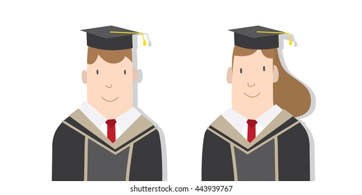 Illustration vector Half-length cartoon character, male and female students in academic gown. Education Graduation Character Concept.