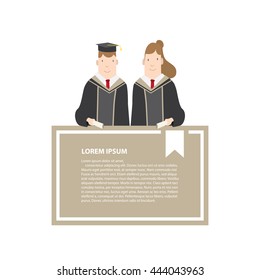 Illustration vector Half-length cartoon character, male and female students in academic gown message box frame. Education Graduation Concept.