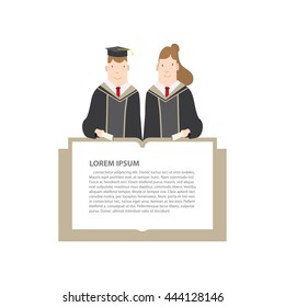 Illustration vector Half-length cartoon character, male and female students in academic gown message box frame. Education Graduation Concept.