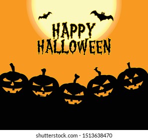 Illustration vector: Halloween Banner with Orange Pumpkin, full moon, and bats