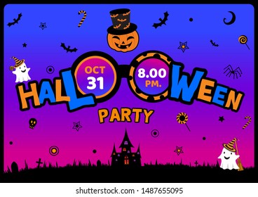 Illustration vector of Halloween card design with typography on pink blue background.