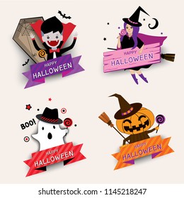 Illustration vector of Halloween icon design with vampire, ghost, witch and pumpkin monster for set.