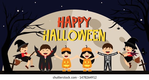 Illustration vector of Halloween party invitations or greeting cards.set of children characters for Halloween. Costumes Dracula, witches, skeleton, pumpkin. 