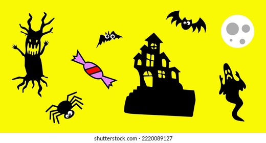 illustration Vector of halloween set. Set of silhouettes of Halloween on a yellow background. 
