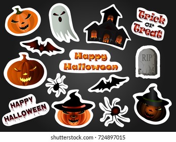 Illustration of vector Halloween stickers. Set of halloween stickers for design.