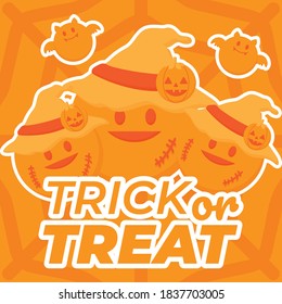 illustration vector of halloween trick or treat orange greeting card  with cute witches