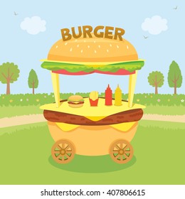 Illustration vector of hamburger cart shop for sale decorate with burger sign on the park food.Design for kiosk,booth,store,retail.Nature  background.Burger