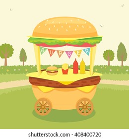 Illustration vector of hamburger cart shop for sale decoration with buntings on the park food. Design for kiosk, booth, store, retail. Nature background.