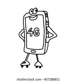 illustration vector hand draw doodles of cartoon smiling mobile phone with 4G on the screen and wearing rolling skate