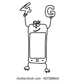 illustration vector hand draw doodles of cartoon mobile phone holding 4G in its hands