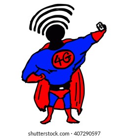 illustration vector hand draw doodles of superhero with 4G on his chest and wifi signal on his head