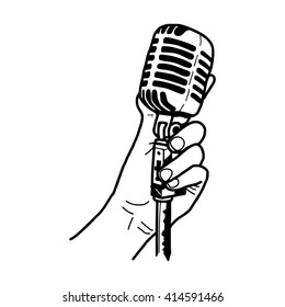 illustration vector hand draw doodles of hand holding retro microphone isolated on white