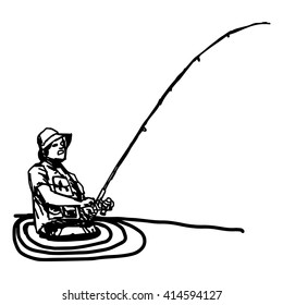 illustration vector hand draw doodles of fisherman with hook in the river isolated on white
