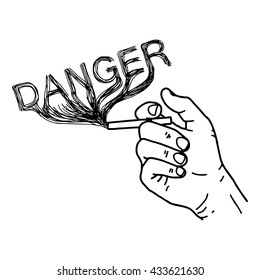 illustration vector hand draw doodles of hand holding cigarette with smoke word DANGER