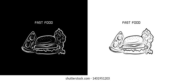 Illustration vector of hand draw hamburger, chicken fried,piece of pizza on black and white background.