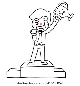 Illustration vector hand draw image Businessman or manager happy holding a trophy on podium sign success isolated white background