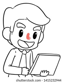 Illustration vector hand draw  image Handsome Businessman or manager  using laptop and smiling