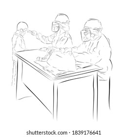 Illustration Vector Hand Draw Sketch, Standing Boy, Body Temperature Check by using hazmat sitting doctor or nurse, health protocols during a pandemic Covid-19
