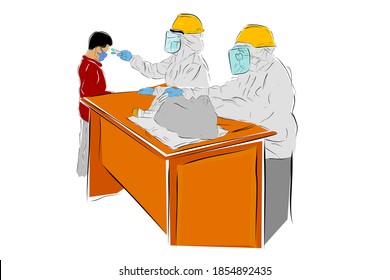Illustration Vektor Hand Zeichnung Skizze, Ständiger Junge, Körpertemperaturkontrolle durch Verwendung von gefährlich sitzenden Arzt oder Krankenschwester, Gesundheitsprotokolle während einer Pandemie Covid-19
