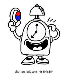 illustration vector hand drawn of a clock holding capsule and pointing the arrows, indicating a time to take medicine
