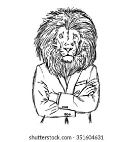 illustration vector hand drawn doodle lion in business suit with crossed arms, leadership concept
