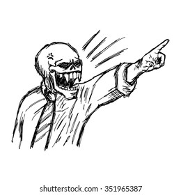 illustration vector hand drawn doodle angry skeleton in business suit pointing to the right