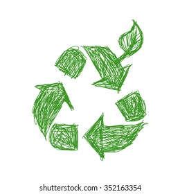 illustration vector hand drawn doodle green recycle sign with leaf