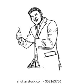 illustration vector hand drawn doodle plump businessman giving two thumbs up.