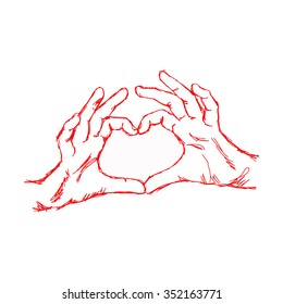 illustration vector hand drawn doodle hand forming a heart shape, with red pen