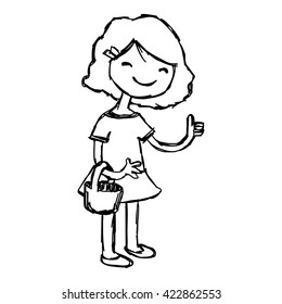 illustration vector hand drawn doodle of smiling girl with basket showing thumb up.