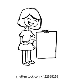 illustration vector hand drawn doodle of smiling girl pointing blank sheet of paper in her hand