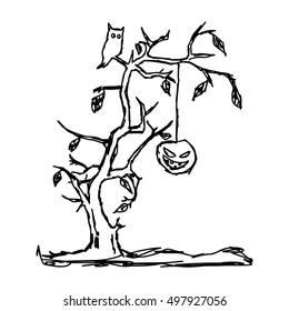 illustration vector hand drawn doodle of scary spooky Halloween Tree isolated on white