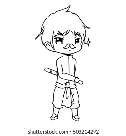 illustration vector hand drawn doodle of  little boy wearing thai traditional clothing with a wood stick on his hand