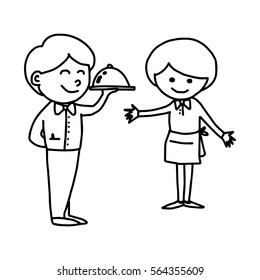 illustration vector hand drawn doodle of waiter and waitress isolated