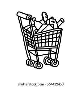 illustration vector hand drawn doodle of supermarket shopping cart with goods isolated on white background